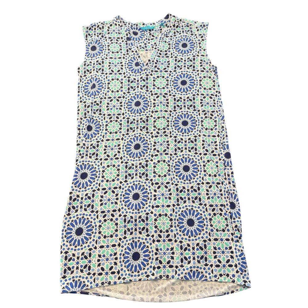 Tori Richard Ladies dress, blues, turquoise, geometric , sleeveless, splitneck M